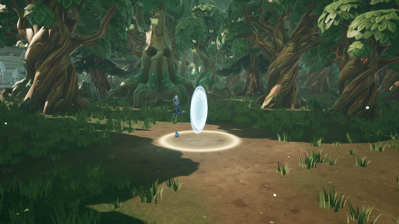 Whisperwood in the Past: a living forest of broad oaks around a glowing Rift portal.